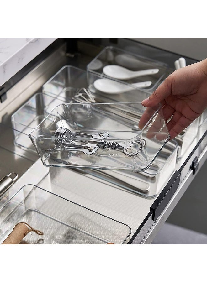 7 PCS Clear Plastic Drawer Organizers Set, Multipurpose Kitchen, Bathroom & Office Drawer Organizer Trays, Storage Bins for Makeup, Jewelry, Kitchen Utensils & Office Supplies, 4 Sizes - Image 4